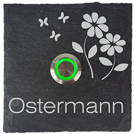 Laser-Diele Türklingel - Klingelschild Schiefer Mit Gravur und Namen - Beleuchtet Mit LED - 100x100 mm - Blume