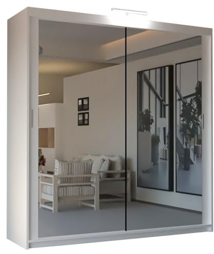 SLIDING WARDROBE 4U Mirror Sliding 2 or 3 Door Wardrobe with LED Light 90cm/120cm/150cm/180cm/203cm/250cm White-Black-Grey-Walnut-Wenge-Oak (White, 150cm)