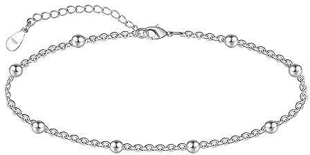 CHIC & ARTSY Ankle bracelets for Women 925 Sterling Silver Bead Chain Anklet Adjustable Anklet Bracelet Summer Beach Foot Chain Jewelry 9 to 10 inch Flexible Fit Anklet