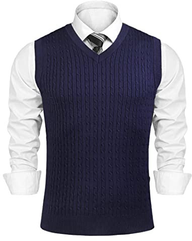 Sykooria Pullover Herren Ärmellose V-Ausschnitt Pullunder Weste Strickweste Winter Gestrickt Pullover Lässige Feinstrick Pulloverwestee für Klassische Gentleman, Dunkelblau M