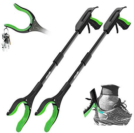 JELLAS Pinza Larga, 81cm Alcance Objetos Mango Ligero de Aluminio y Puntas Magnéticas, Cabezal Plegable Giratorio de 360 ° para Recoger Basura, para Diversidad Funcional 2 Paquete (Verde)