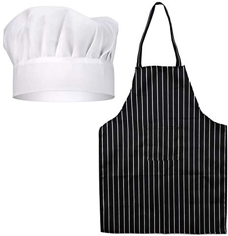 SAVITA Set Di Grembiuli Per Cappelli, Cappello Da Cuoco Bianco Grembiule a Strisce Bianche e Nere Set Di Abiti Da Chef Professionale, Per Uso Ristorante Di Hotel Per Adulti