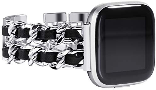NewWays Correas compatibles con Fitbit Versa 2 para mujer, pulsera elegante compatible con reloj inteligente Fitbit Versa/Fitbit Versa 2/Fitbit Versa SE, eslabones plateados con cuero negro,