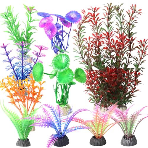 RJMBMUP Piante artificiali in plastica per acquario, decorazioni per acquario, set di accessori multicolore per pesci rossi tropicali
