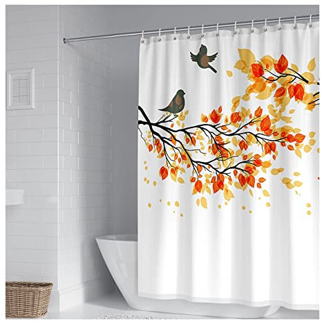 KnBoB 180x200 cm Antischimmel Duschvorhang, Polyester Orange Gelb Vögel auf Zweige Muster Duschvorhänge Waschbar mit 12 Duschvorhangringe