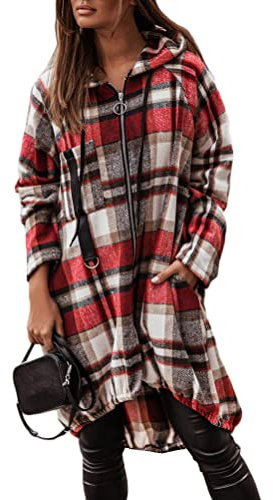 ORANDESIGNE Karierte Lange Jacke Damen Elegante Retro Kapuzenjacke Hemdjacke mit Kapuze Reißverschluss Kordelzug Tasche Knielanger Plaid Mantel Hoodie Sweatjacke A Rot XXL