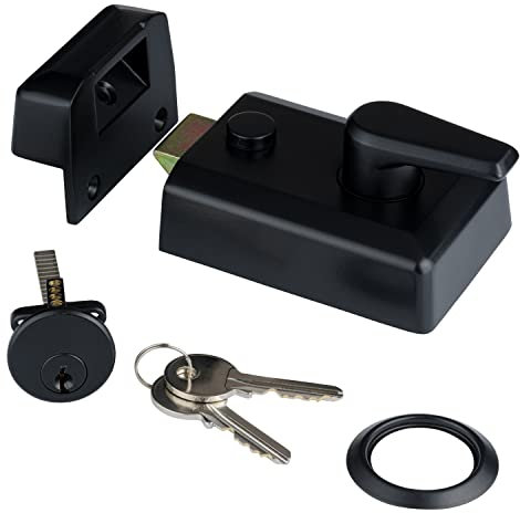 XFORT 60mm Matt Black Night Latch Standard Complete with Rim Cylinder, Lock Case, Two Keys and Trim Ring, Door Lock Provides Increased Home Security, for Front Door Lock.