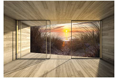Vlies Fototapete 3D Effekt Fenster Strand Meer Ostsee Natur Dünen Sonnenuntergang Wohnzimmer Schlafzimmer Modern Motivtapeten Wandtapete Tapete Vliestapete Montagefertig (416x254 cm - 4 Bahnen)