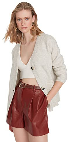 TRENDYOL Damen Einfarbige Strickjacke mit V-ausschnitt Pullover, Greige, S EU