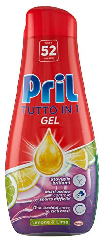 Pril Gel All In One Limone & Lime, Detersivo Lavastoviglie Liquido Multi-Azione Sporco Difficile, Confezione da 52 Lavaggi