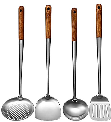 AMIUHOUN Juego de Utensilios de Cocina con de Acero Inoxidable para Wok, Cuchara de arroz ranurada