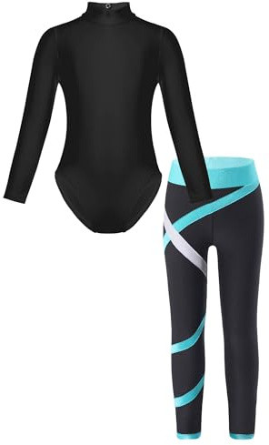 Kaerm Kinder Mädchen Gymnastikanzug Langarm Set Stehkragen Ballett Body Leotard Eislauf Anzug Mit Streifen Schlittschuh Hose Sakting Gymnastikhose Dancewear Grün 146-152