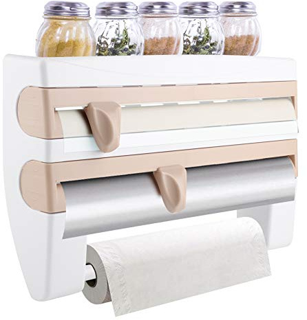 Wandrollenhalter, 3-Fach, Scharfe Klingen, Abstellfläche | Papierrollenhalter, für Folien und Papier, Küche, Badezimmer, Folienschneider, 15,3 X 3,94 X 9,45 Zoll, Khaki