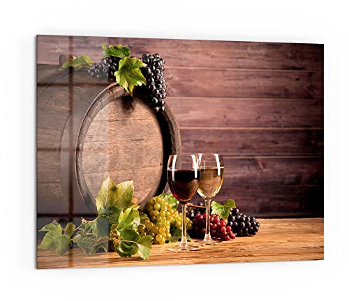 DEQORI Küchenrückwand Glas | Motiv Zwei Weingläser vor Fass | 80x60 cm | Bad- oder Herd-Rückwand | Herdblende Spritzschutz für Küche & Badezimmer | moderne Deko für Fliesenspiegel
