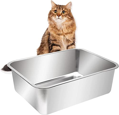 Kichwit Große Katzentoilette aus Edelstahl mit hohen Seiten, Metall-Katzentoilette für große Katzen, antihaftbeschichtet, Glatte Oberfläche, leicht zu reinigen (59,4 cm L x 39,4 cm B x 19,3 cm H)