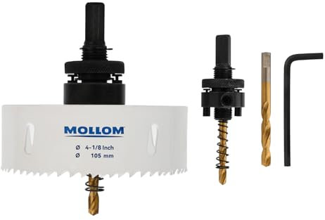 MOLLOM (105mm | 4-1/8) Scie-cloche bimétal HSS M42 avec 8% de cobalt avec 2 forets pilotes et mandrin, coupe lisse pour PVC, plaque de plâtre, bois, plastique, plaque de plâtre, caoutchouc