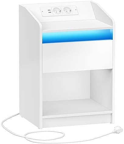 Hzuaneri Table de Nuit avec lumière LED, Tables d'appoint avec Station de Charge, 1 tiroir de Rangement Table de Chevet pour Chambre à Coucher, Salon, 2 Ports USB, Blanc NS04703X1