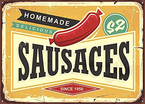 Metallblechschild „Köstliche hausgemachte Würstchen“ im Retro-Stil. Dekor für Küche, Zuhause, Garage, Bar, Kneipe, Outdoor, Retro-Kunst