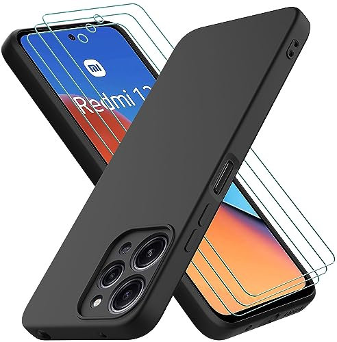 Oureidoo Hülle kompatibel mit Xiaomi Redmi 12, mit 3 Stück Panzer Schutz Glas, Handyhülle für Xiaomi Redmi 12 Silikon gummiert, Handy Case in Schwarz