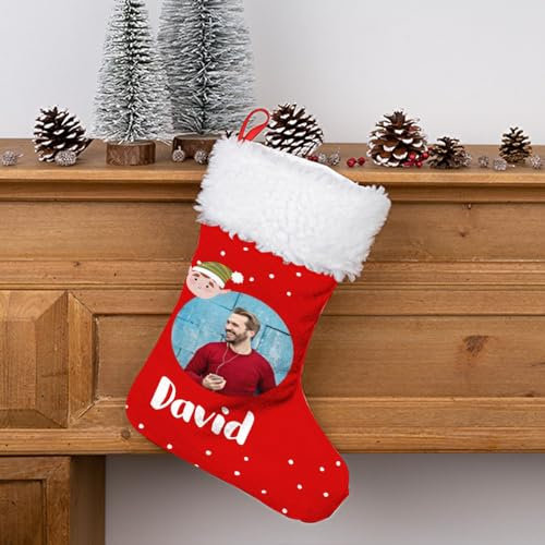 Wanapix | Nikolausstiefel Personalisiert mit Foto und Name | Nikolausstrumpf | Deko Weihnachten | Bändchen zum Aufhängen | 21x43cm | Elf