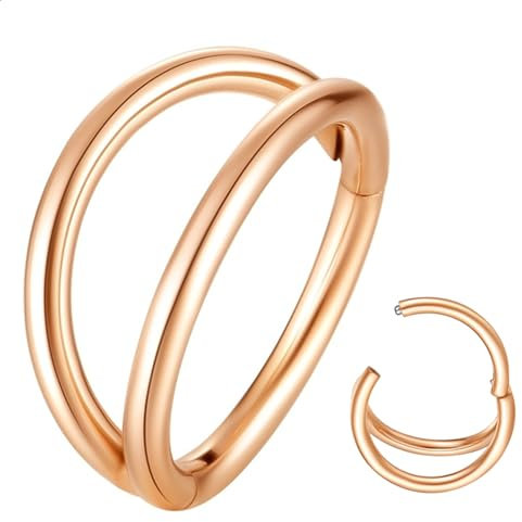 Popuhoops 16G 10mm Double Hoop Nose Ring Rose Gold 316L Surgical Steel Cartilage Earring Septum Jewelry Seamless Hinged Clicker Segment 16 Gauge Conch Daith Tragus Helix Rook Piercing Lip Ring