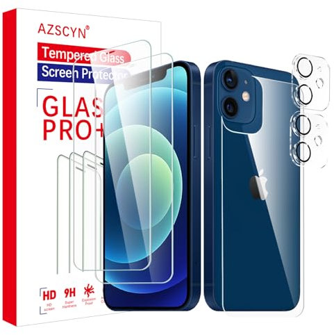 AZSCYN Rückseite Schutzfolie für iPhone 12, 2 Stück Panzer Schutz Glas + 2 Stück Kamera Panzer Schutz Glas, HD Klar Schutzglas Panzerfolie, Displayschutzfolie-kratzfest-9H-Härteglas (iPhone 12)