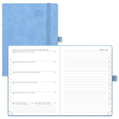 POPRUN Kalender 2025 Buchkalender A5 Notizbuch (Aug.2024-Dez.2025), ca. A5 (22 x 16,5 cm), Terminplaner, Wochenplaner 2025 Softcover mit PU-Leder, Zertifiziertem Papier - Cyanblau