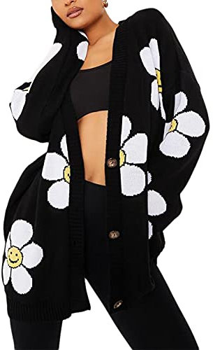 Nokiwiqis Damen Y2k Herz Blumen Print Strickjacke Strickpullover Langarm V-Ausschnitt Button Down Gestrickte Pullover Herbst Winter Warm Cardigan Strickmantel (Schwarz Blume, One Size)