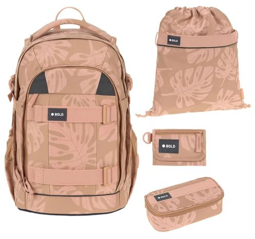 Lässig Bold Origin Schulrucksack-Set 4tlg mit Schlamperbox, Turnbeutel und Geldbeutel (Leaves Caramel)