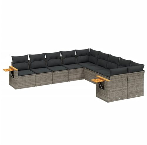 vidaXL Garten Sofagarnitur mit Kissen 10-TLG., Gartenmöbel Gartengarnitur, Sitzgruppe Sitzgarnitur, Lounge Sofa Garnitur Terrasse, Grau Poly Rattan