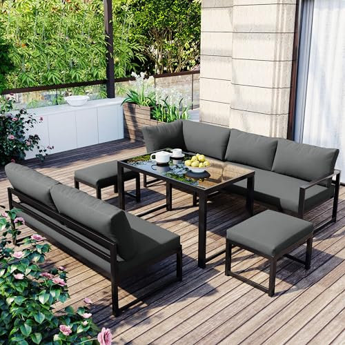 HYUB Gartenlounge-Set, Lounge Sitzgruppe Outdoor mit Couchtisch und Verstellbare Rückenlehne, für 5-6 Personen, Outdoor Balkonmöbel, für Garten Balkon und Terrasse Wiedervereinigung, Grau