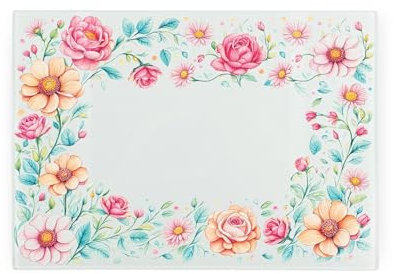 Flower Border Rectangular Small Glass Worktop Saver - Multicoloured Floral Smooth Kitchen Chopping/Cutting Board Worktop Protector with Non-Slip Feet 28.5cm x 20cm (11 x 8)