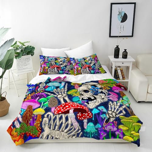 ANHOPE Schädel Bettwäsche Set 2 Teilig Bunte Magic Pilz Skelett Bettbezug 135x200 cm + Kissenbezug 80x80 cm Weich Microfaser Bettbezüge mit Reißverschluss Ganzjahres Bettdeckenbezug Set
