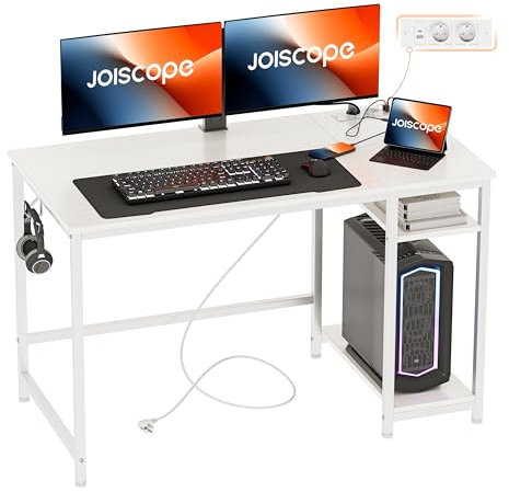 JOISCOPE Escritorio Ordenador con Puerto de Carga USB y Tipo-C y 2 Tomas de Corriente,Escritorio Estudio y Juego Que Ahorra Espacio con Gancho y Estante de Almacenamiento de 2 Niveles,120x75cm,Blanco