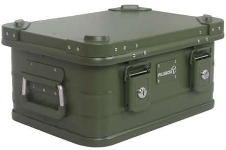 Alubox Alukiste abschließbar E18G OLIVGRÜN - Premium Lagerbox 18 Liter - Materialstärke 1mm - Deckel mit Aluminium Druckguss Stapelecken und Gummidichtung - inklusive Schlösser - lackiert