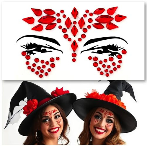 Face Gems, Face Jewels - Self Adhesive- Face Glitter Jewel Tattoo Sticker Festival Gems Rave Party Body MakeUp Rhinestone Gems for Eyes Face Body, face gems for festivals, Halloween (Red 68)