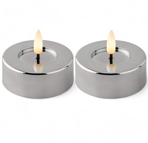 MIJOMA LED-Echtwachskerze mit realistischer Flamme, Timer und batteriebetrieb | Indoor LED-Kerze mit warmweißem Licht | Natürliche Optik (Silber - Teelichter, Ø6.5cm x 5cm)