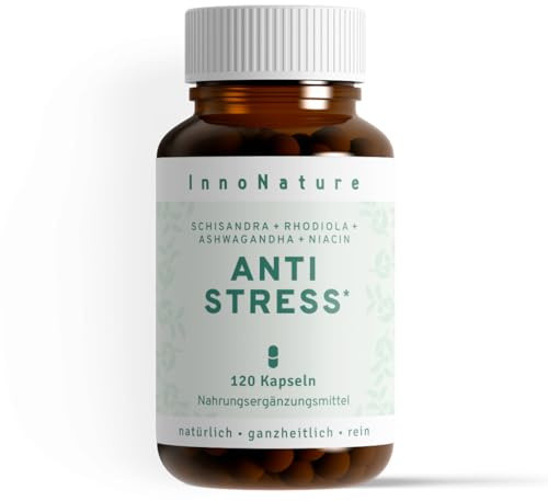 InnoNature Anti Stress Kapseln | aus Schisandra, Rhodiola, Ashwagandha und natürlichem Vitamin B3 | 120 Kapseln, Ashwagandha 200mg, Schisandra chinensis 500mg, Rhodiola 300mg | Vegan