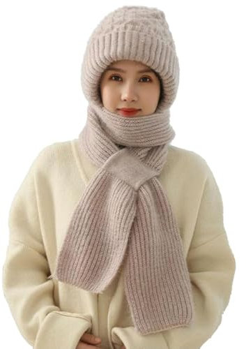 TBLMPNE Damen Winterschal mit integriertem Ohrenschutz und Winddichter Kappe, Elastische Warme Verbundenen Ohrenschutz Strickmütze in Grau