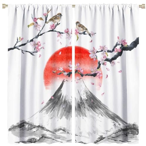 Rideaux occultants japonais Mont Fuji - Motif floral moderne - Isolation thermique - 2 panneaux - 160 cm de long x 80 cm de large