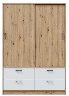 möbelando Schwebetürenschrank >ENZO< Der Moderne Schwebetürenschrank ENZO (140x200x60 cm) in Nodi Eiche/Artik Weiß überzeugt mit 2 Türen, 4 Schubladen, höhenverstellbaren Böden und stabilem Stauraum