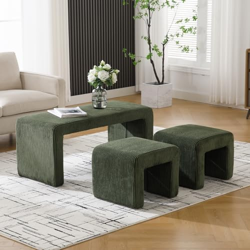 Ya-Home Lot de 3 Pouf Ottoman Banquette Rembourrée en Velours Côtelé Banc Chaussures Entrée 2 Repose-Pieds Moderne Banc de Lit, Vert