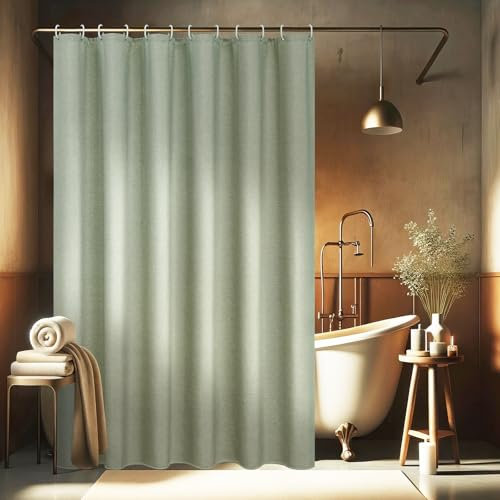 EurCross Leinen Texturiert Grün Duschvorhang 180x200 für Badezimmer, Textil Heavy Duty Wasserdicht Duschvorhänge, Hotel Luxus Polyester Antischimmel Waschbar Badvorhang mit 12 Ringen