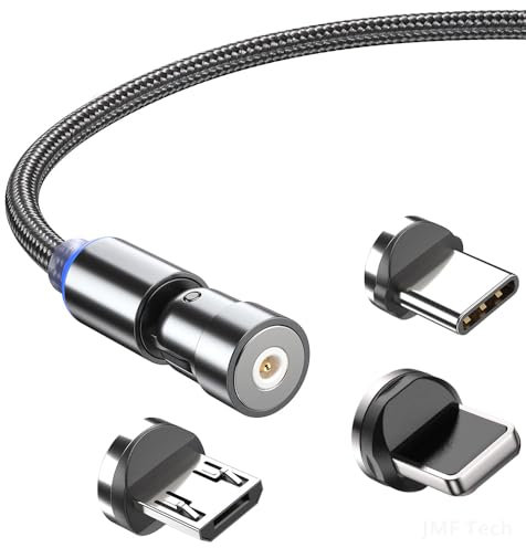 JMF Tech Câble de charge magnétique 3 en 1 – Câble USB magnétique à 360 ° + câble de charge rotatif à 180 ° 2,4 A 1 m/2 m en nylon tressé magnétique compatible avec micro USB, type C/USB C, (2 m, noir