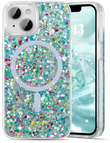 UEEBAI Glitter Case Magnetic for iPhone 15 Case, Luxury Shiny Bling Sparkly Phone Case Compatible with MagSafe, Wireless Charge Crystal Diamonds Shiny Cover for Women - Light Blue