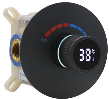 Delnet Round Single Shower Mixer Valve with Concealed LED Digital Display – Solid Brass, Black