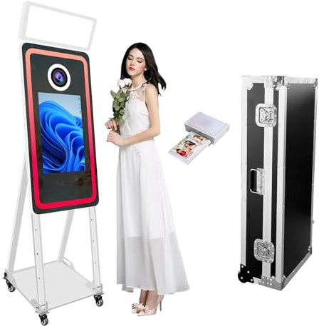 VANYA Miroir Portable 21,5 Pouces avec Écran Tactile et Imprimante,Cabine Photo Magique 40 Pouces avec Coffre de Transport pour Mariages, Fêtes et Événements (White,Printer)