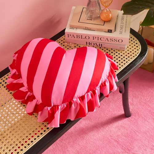 OHS Striped Heart Cushion, Valentines Gifts for Her Decorative Heart Pillow with Frill Edges for Living Room Bed Sofa Soft Comfy Cute Cuddling Pillow Home Decor, Red/Pink - 40cm