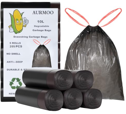 AURMOO 205x Sacs Poubelle 10L avec Cordon de Serrage, Sac de Déchets, | Sacs Poubelle Dégradables, Sac à Ordures de Cuisine, Sac Poubelle, Sacs de Déchets à Bande de Fixation, 45 x 50cm