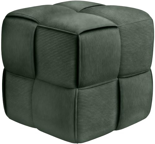 CLP Poggiapiedi Forinta in velluto a coste, forma quadrata imbottita, design moderno beige, ideale per soggiorno e camera da letto Colore:verde scuro